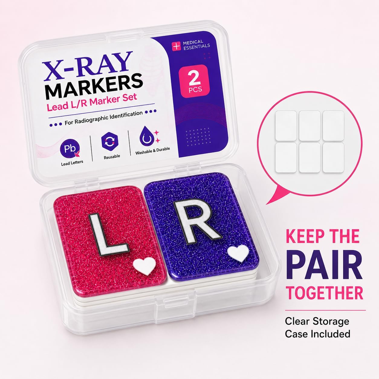 X-Ray Markers with Lead L/R Letters, 6 Reusable Adhesive Pads & Clear Case