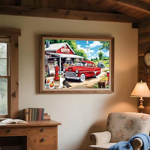 Miniatura 5 de Rompecabezas de 1000 piezas para adultos, rompecabezas de tienda de campo con coche rojo, perro y escena de pueblo rústico, rompecabezas escénico al