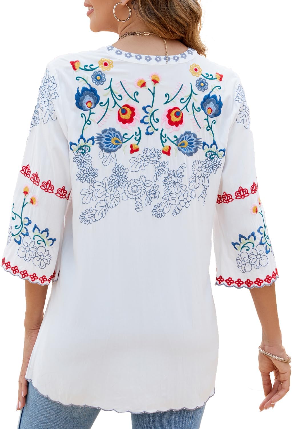 Mexican Shirts Peasant Blouses Cotton Embroidered 3/4 Sleeve Summer V Neck Tunic Bohemian Tops Boho Clothes for Women - Image 4