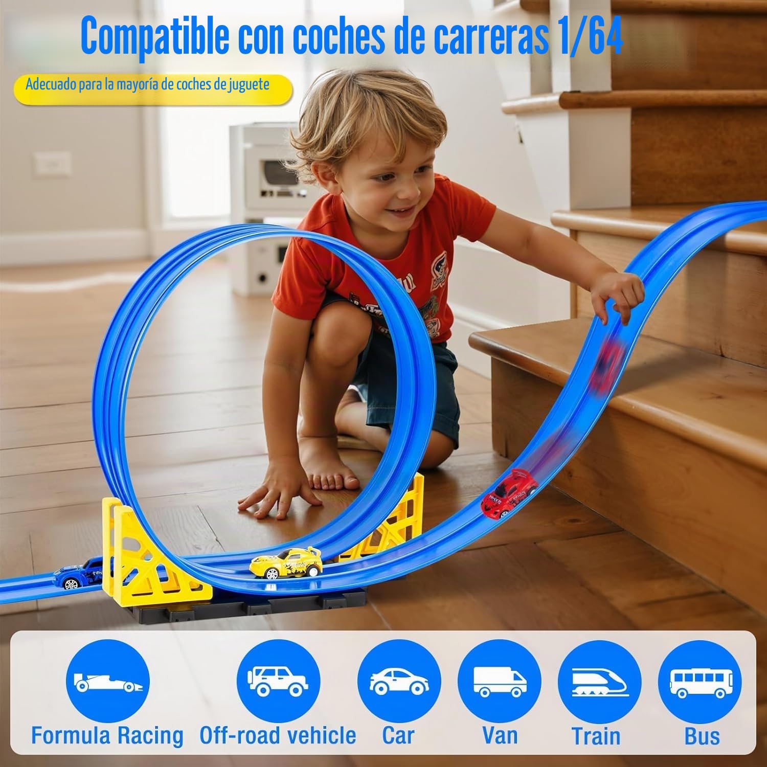 Pista de Carreras 5M Incluye 4 Coches, Pista de Carreras con Looping y U Track, Rueda en Pista de Carreras con Rampas, Autovía DIY, Portátil de Juguete para Niños de 3+ Años