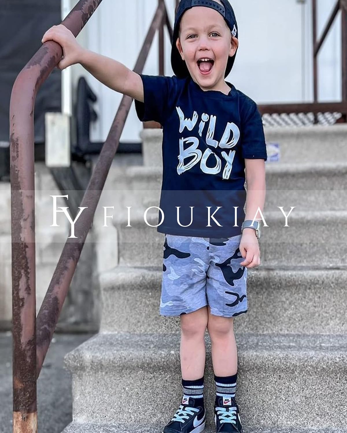 fioukiay Toddler Boy Summer Clothes Outfits Little Kids Short Sleeve Funny Letter Print T-Shirt Camo Shorts Clothing Set