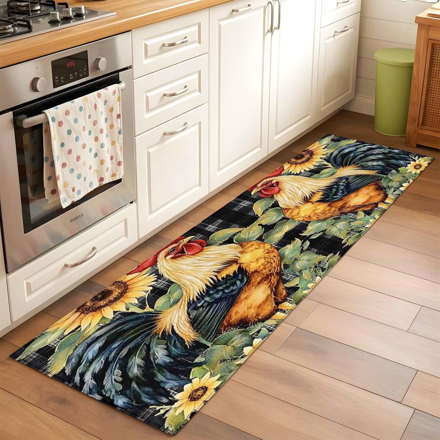 2×6 Kitchen Runner Rug, Sunflower Rooster Non-Skid Rubber Backing Large Rectangle Rugs – Living Room Bedroom Home Office, Retro Plaid Summer Flower