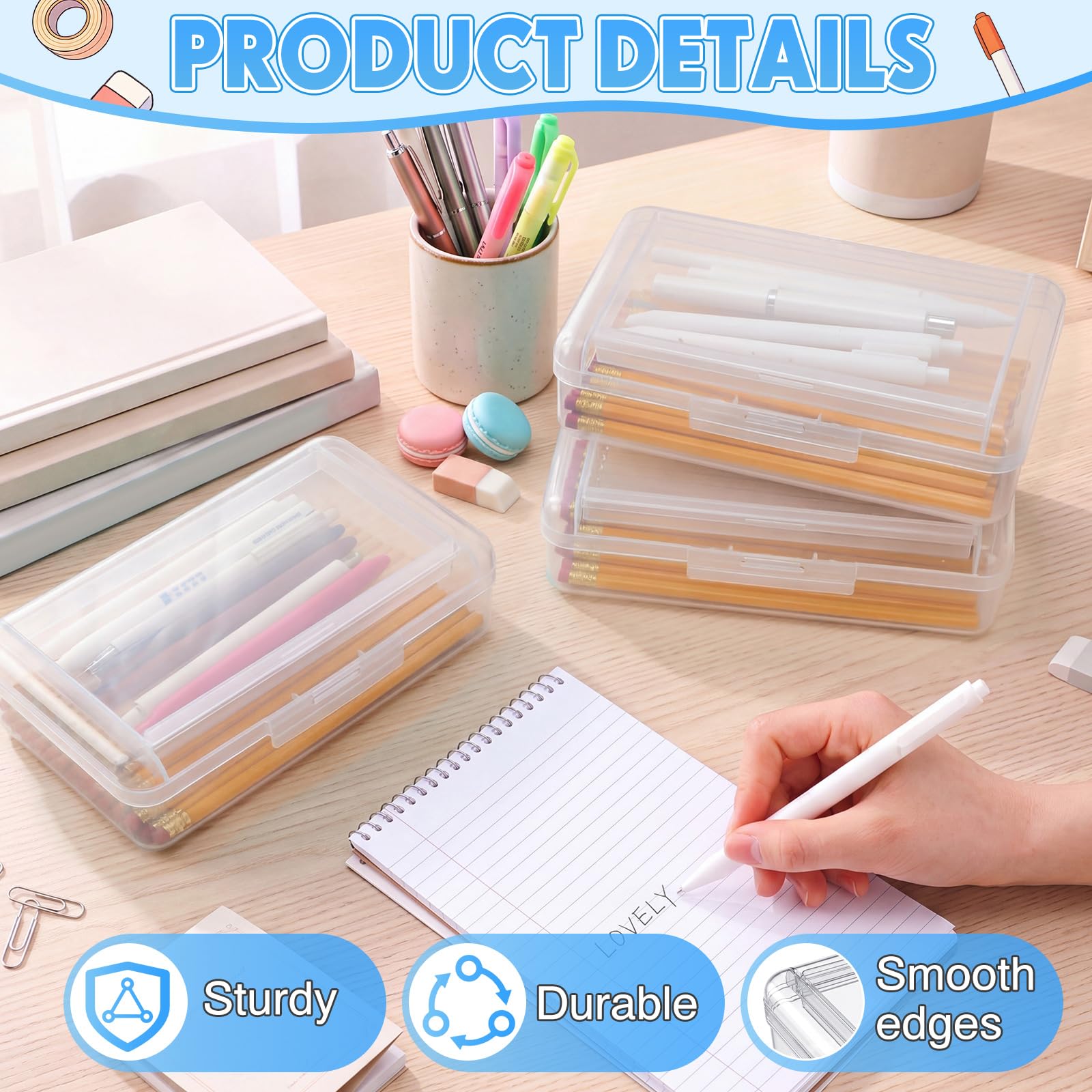 Blulu Confezione da 25 astucci a doppio strato, 20 x 12,4 x 5,8 cm, in plastica, con coperchio a scatto, design impilabile, per scuola, ufficio, organizzazione (trasparente)