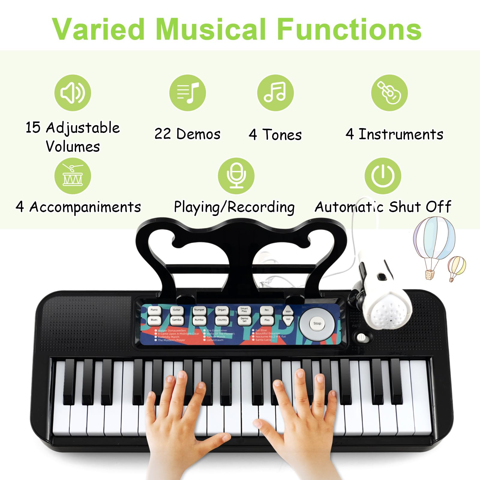 KOMFOTTEU Pianola Bambini Musicale Tastiera, Tastiera Digitale a 37 Tasti, Mini Tastiera con Effetti Luminosi e Microfono, Strumenti Musicali con Sgabello, 22 Battiti/4 Toni/4 Ritmi (Nero)