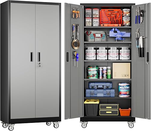 Miniatura 129 de Armario de almacenamiento de metal con tablero de clavijas de 31.5 x 31.5 x 16.5 pulgadas, armario de almacenamiento de acero con cerradura con 5