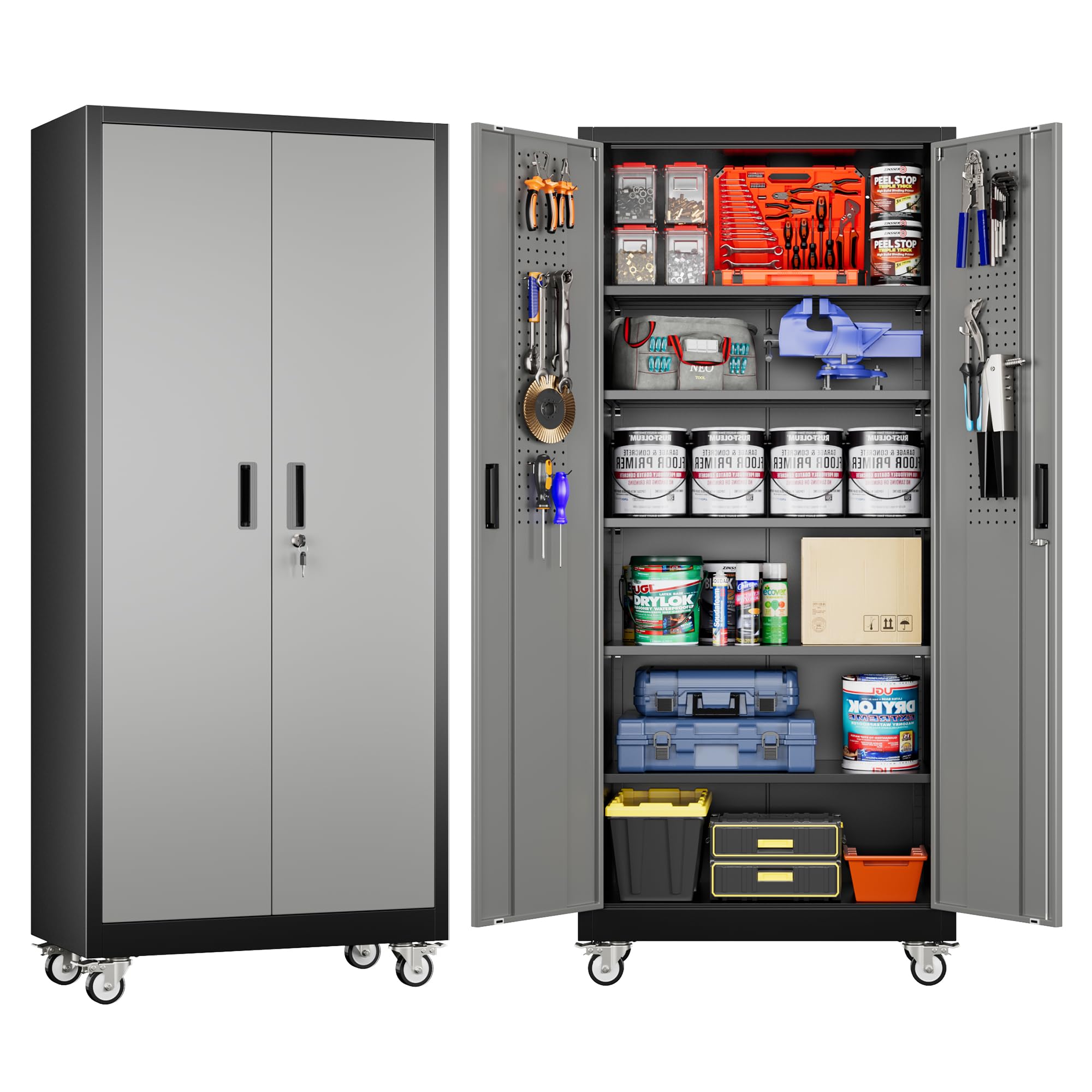 Garage Storage Cabinet with Pegboard and 5 Adjustable Shelves, 71'' x 32'' x 16''Metal Lockable Cabinet with Magnetic Doors,Tool Storage,Home Office Garage,Gym,School (Black-Grey)
