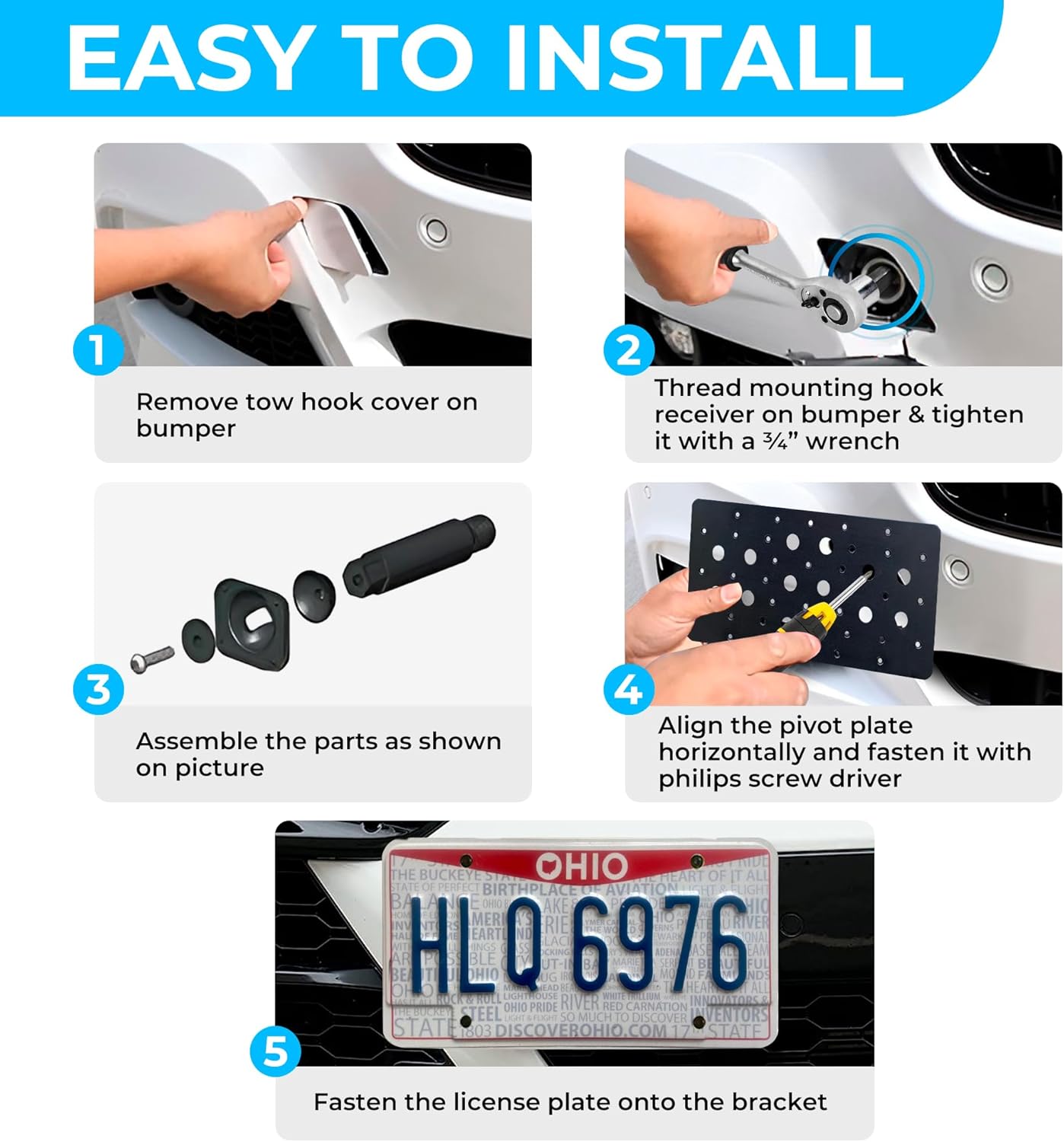 Front Bumper Tow Hook License Plate Mount Bracket for BMW X3 2017-2025, Plate Holder Set w Unique Screw Bolts & Black Screw Caps, License Tag Mounting Kit, Premium Car Accessories
