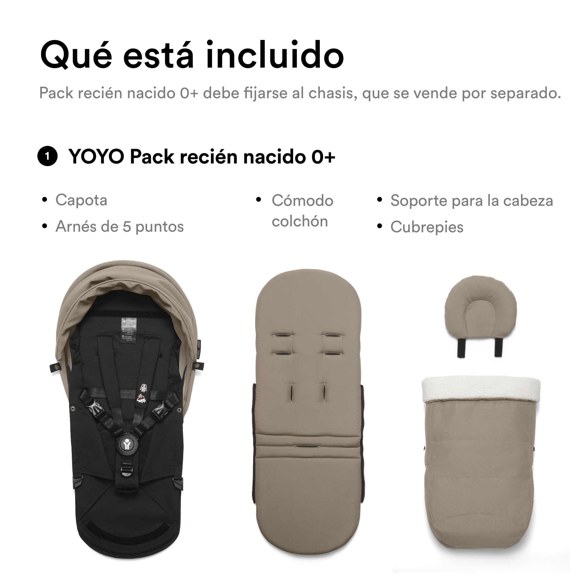 Pack para Recién Nacido 0+ Stokke YOYO, Topo - Incluye colchón, dosel extensible y arnés de cinco puntos - Requiere chasis YOYO (se vende por separado)