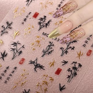 Bamboo Chinese Classical Element Nail Stickers Gold Foil Black Leaves Nail Decals Luxury 5D Embossed Chinese Characters Designs Self-Adhesive Nail Art Supplies for Women DIY Nail Decoration