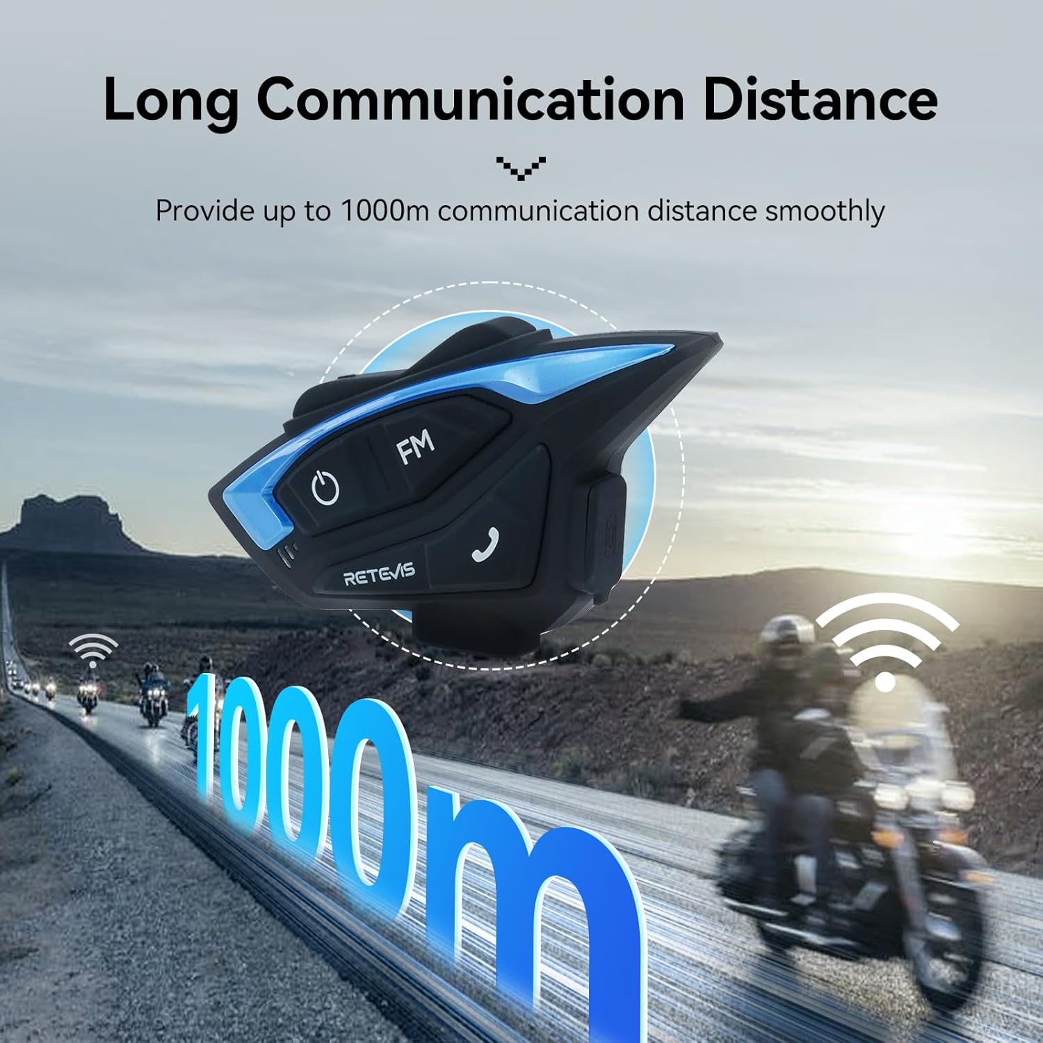 Retevis EZTalk 3A Motorcycle Bluetooth Headset, 1000m 2 Riders Helmet Intercom Headphones with Music Sharing, CVC Noise Reduction, FM Radio, IP65 Motorcycle Helmet Headset for Cycling Snowmobile