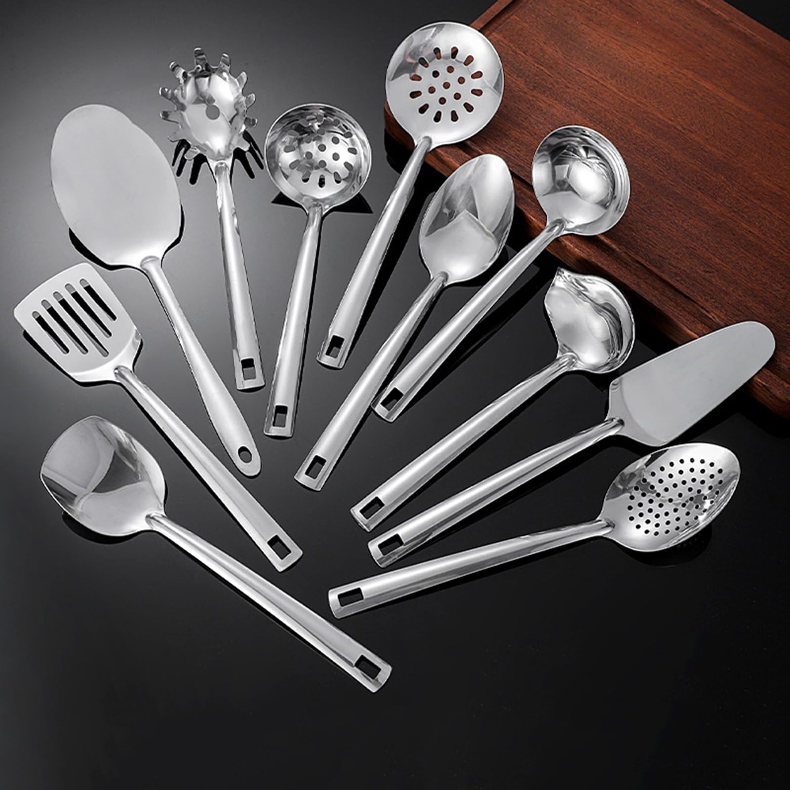 IUokLU 11-piece Stainless Steel Kitchen Utensil Set - Premium Nonstick & Heat Resistant Kitchen Gadgets, Turner, Spaghetti Server, Ladle, Serving Spoons, Whisk, Tongs, Masher