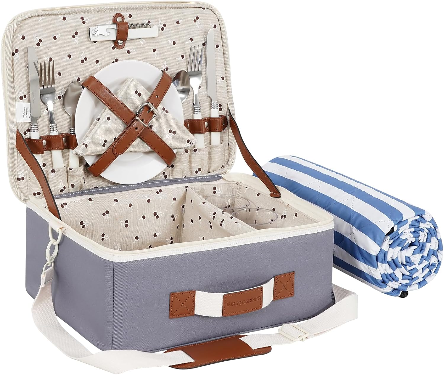 Picnic Basket for 2-Picnic Baskets with Waterproof Blanket & Picnic Accessories-Picnic Baskets with Shoulder Strap for Outdoor Camping Party for Valentine Birthday Christmas (Grey)