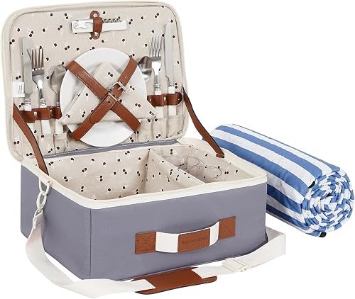 Picnic Basket for 2-Picnic Baskets with Waterproof Blanket & Picnic Accessories-Picnic Baskets with Shoulder Strap for Outdoor Camping Party for Valentine Birthday Christmas (Grey)