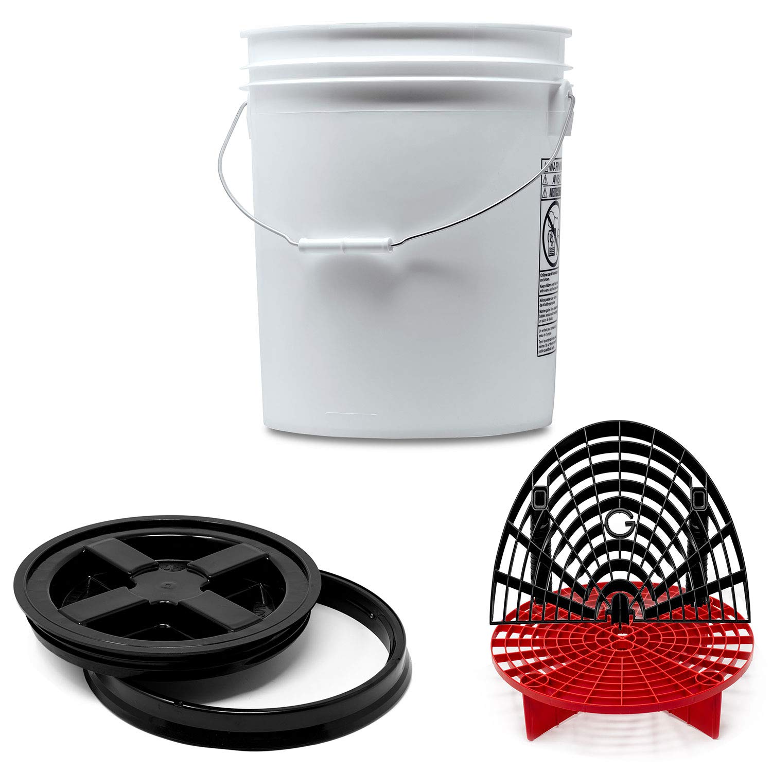 Detailmate professionelles Wasch Eimer Set: Magic Bucket Wascheimer 5 GAL (ca. 20 Liter), Gamma Seal Eimerdeckel schwarz, GritGuard Schmutz Einsatz rot, GritGuard Washboard schwarz