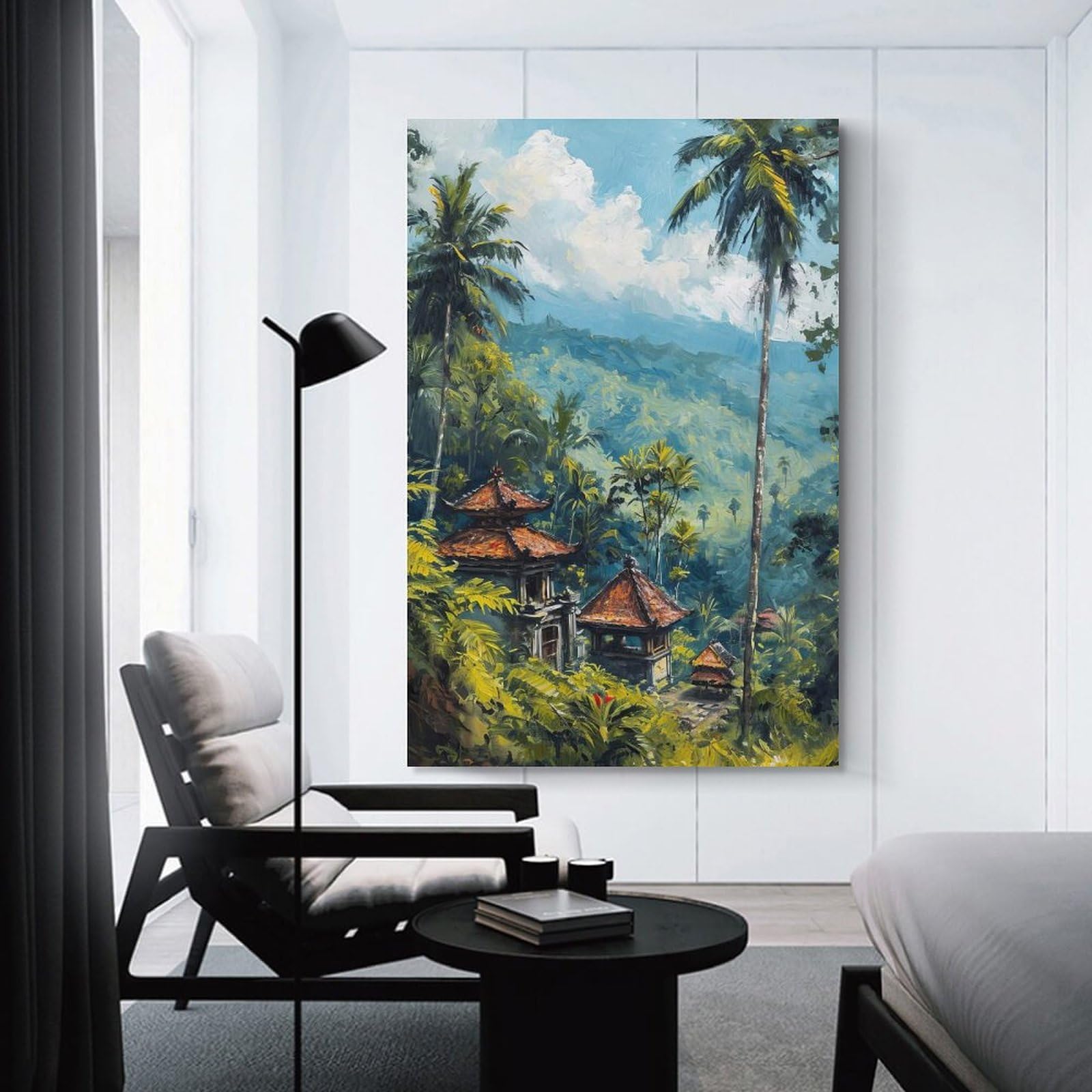 Junmoney Unframe-Style Canvas Art Print Tropical Landscape With Temples Painting, 24X36inch(60X90cm), For Contemporary Homes, Apartments Or Offices, Decorative Canvas Decor For Home Updates