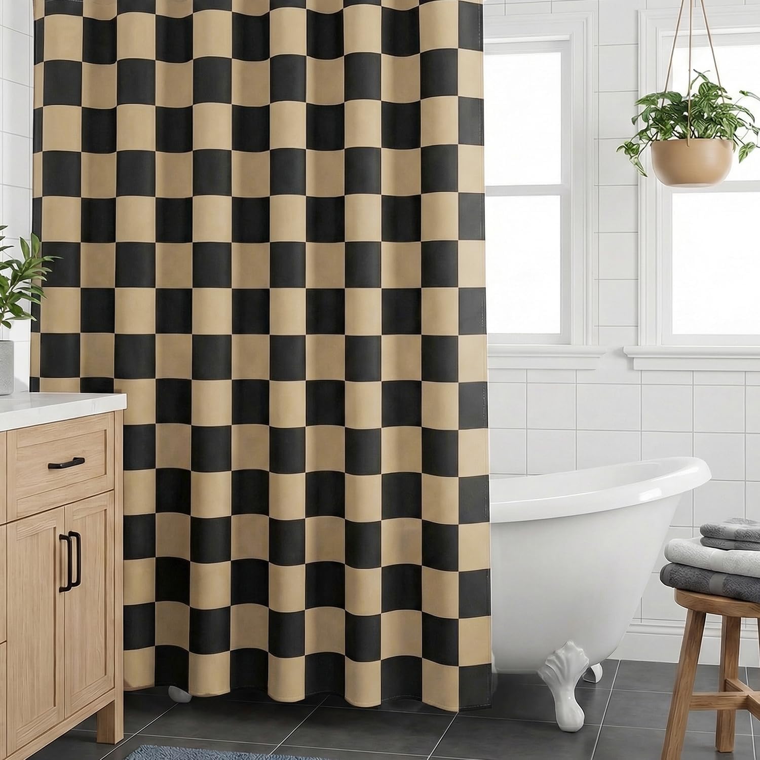 Tititex 3 in 1 Shower Curtain Set, Checkered Shower Curtain and PEVA Liner Sets swith 12 Metal Double Sided Shower Curtain Hooks, Black Brown Simple Modern Shower Curtains for Bathroom, 72x72