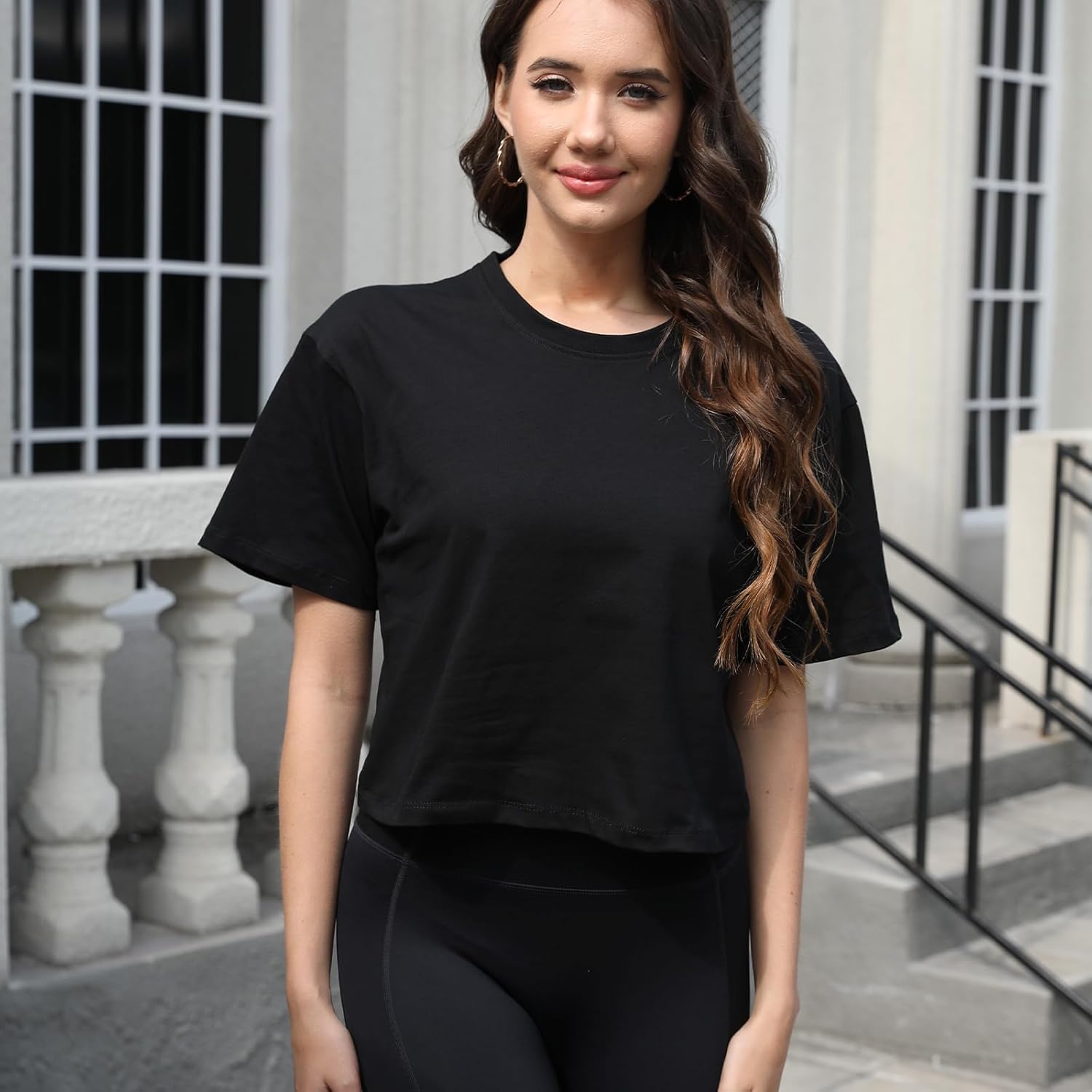 Women Workout Crop Top T-Shirt 100% Cotton Drop Shoulder Half Sleeve Oversized Yoga Running Cropped Loose Tee - Image 2