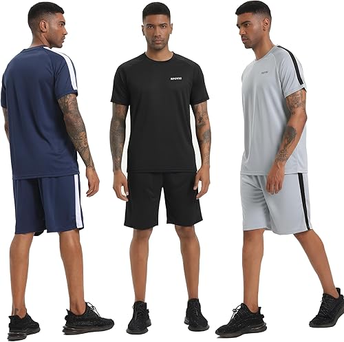Miniatura 2 de RPOVIG Conjunto de entrenamiento de camisas, pantalones cortos paquete de 3 unidades de ropa para hombre, conjunto corto, gimnasio, atletismo,