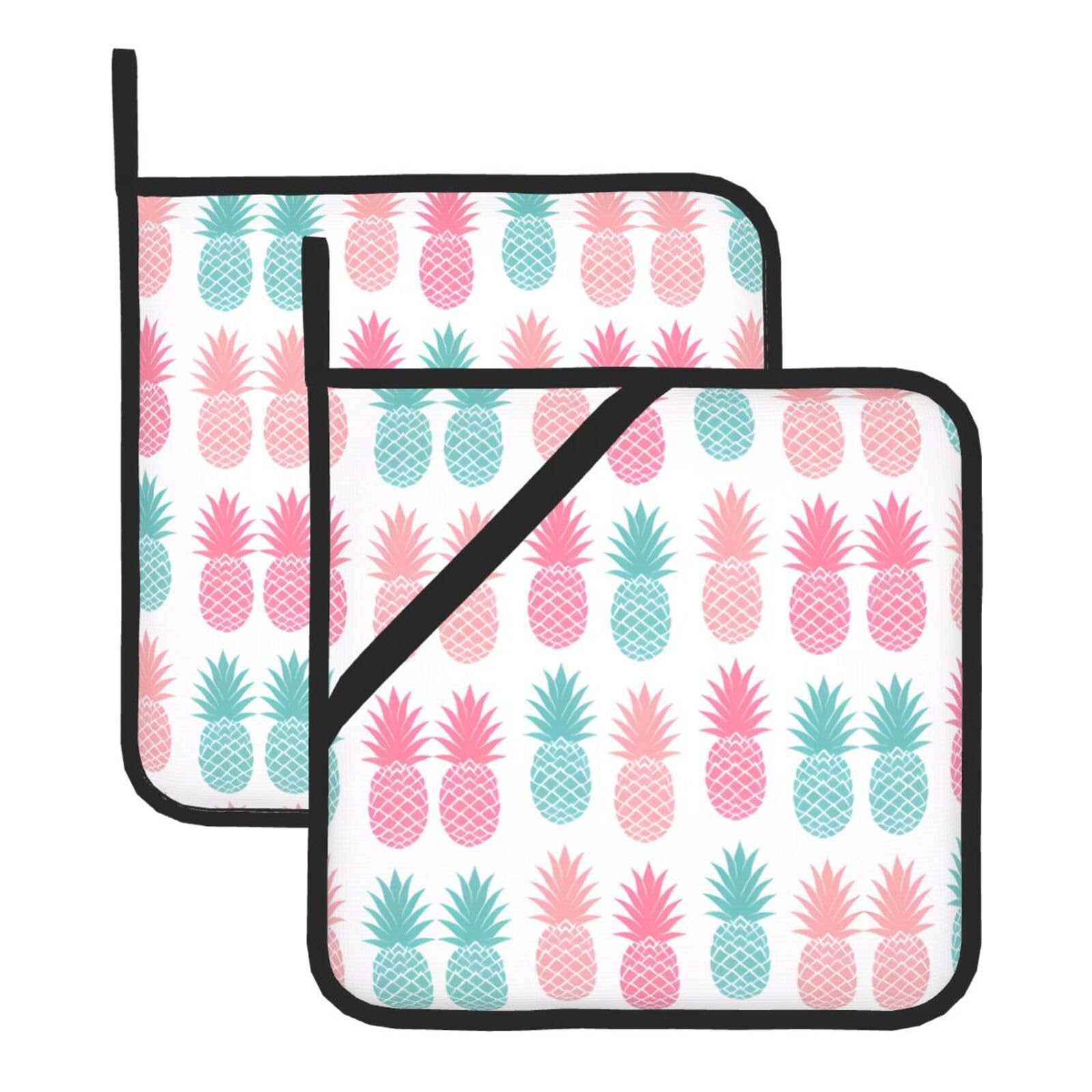 WHJSHOP Summer Pineapple Prints Square Hot Pads for Kitchen - Waterproof Pot Covers with Hanging Loops - Thick Heat Resistant Trivets for Serving & BBQ, 2-Piece Set