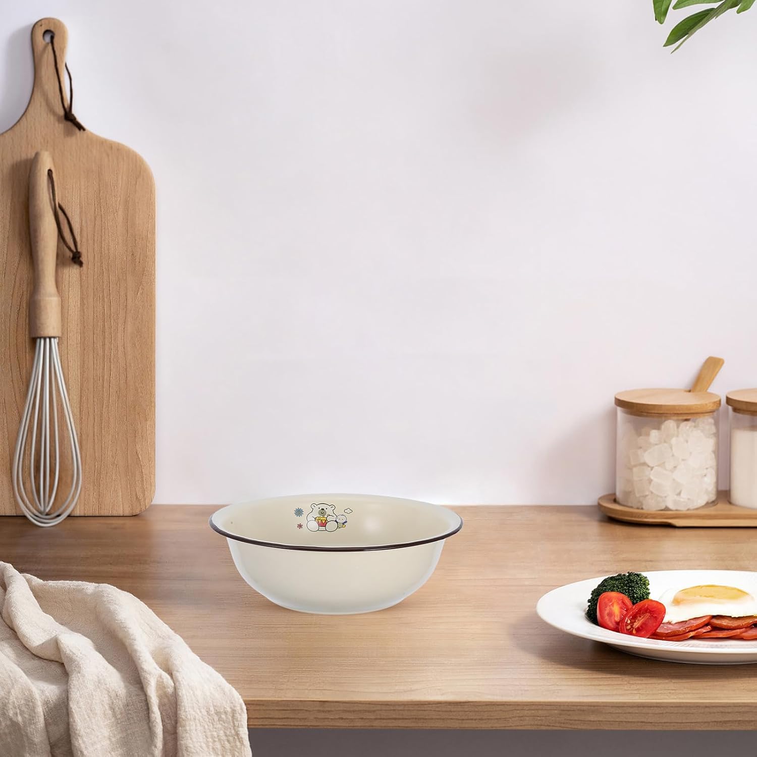 Vintage Enameled Mixing Bowl 28cm Diameter Retro Enamelware Basin Food-grade Kitchen Container for Baking and Washing, Old-fashioned Style with Random Pattern, Home Random Style