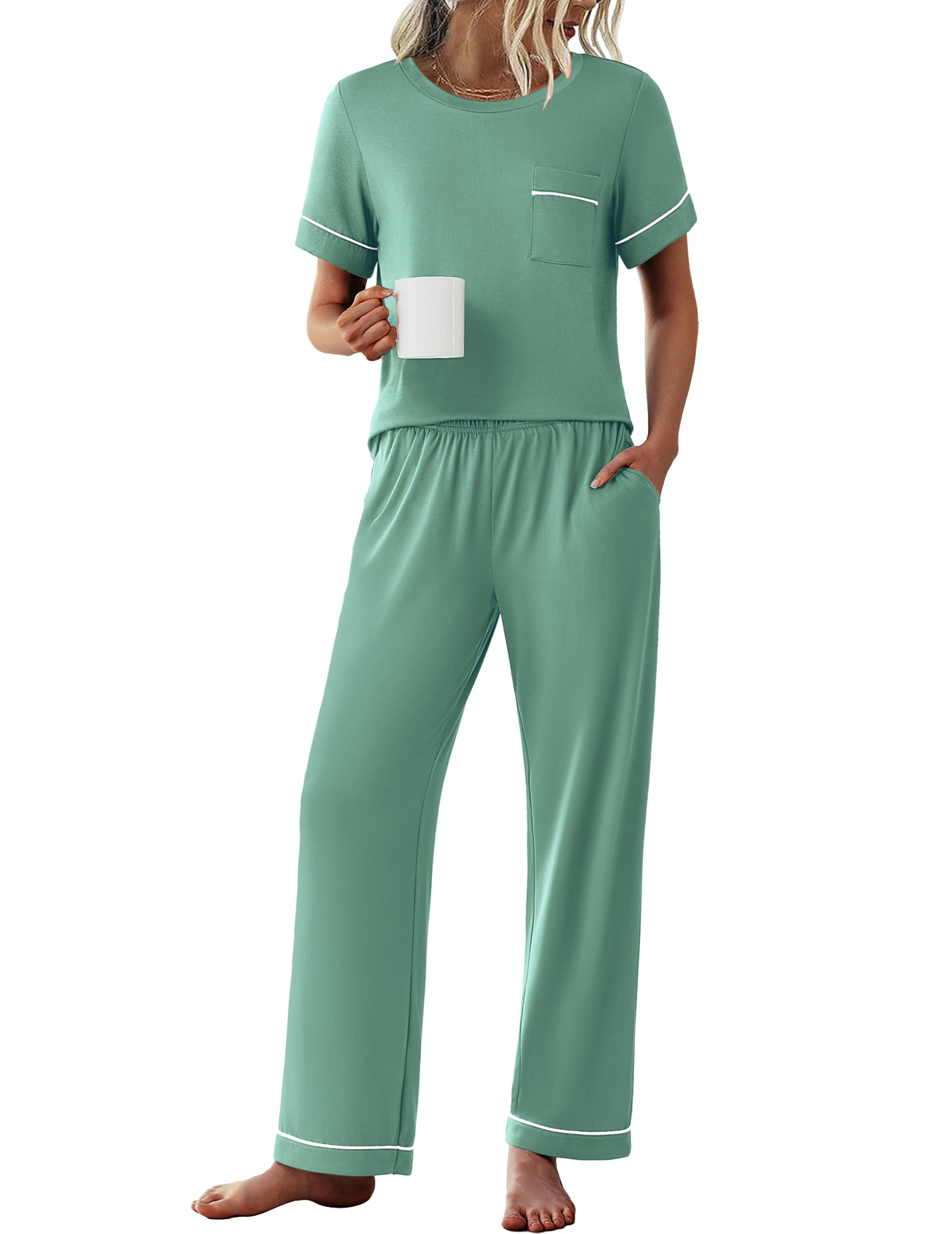 Ekouaer Womens Pajama Sets Short Sleeve Top and Pants 2 Piece Pjs Soft Sleepwear Comfy Lounge Set S-XXL