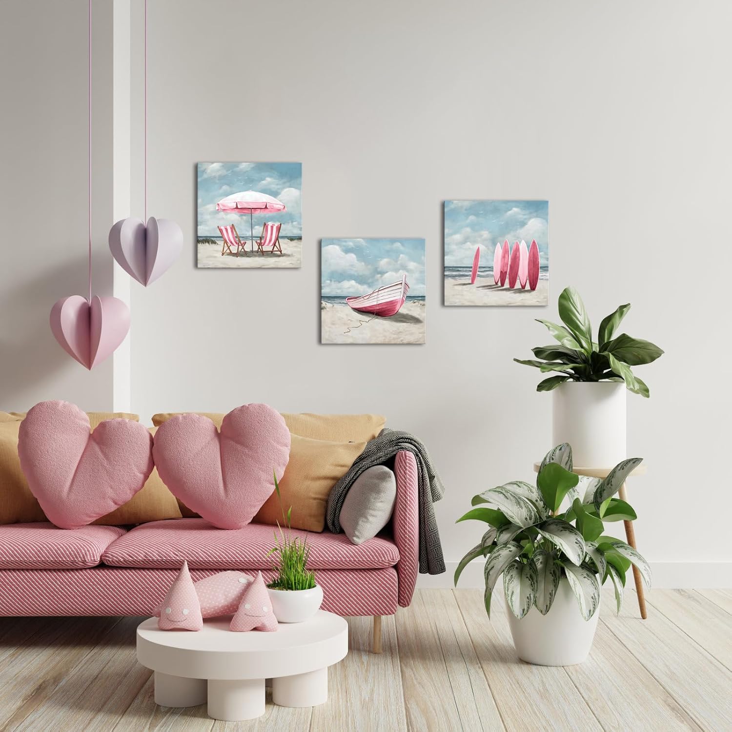 Visual Art Decor Coastal Wall Art Beach Landscape Painting Pink Bathroom Decor Picture Framed 12inx12inx3Pieces (Pink)