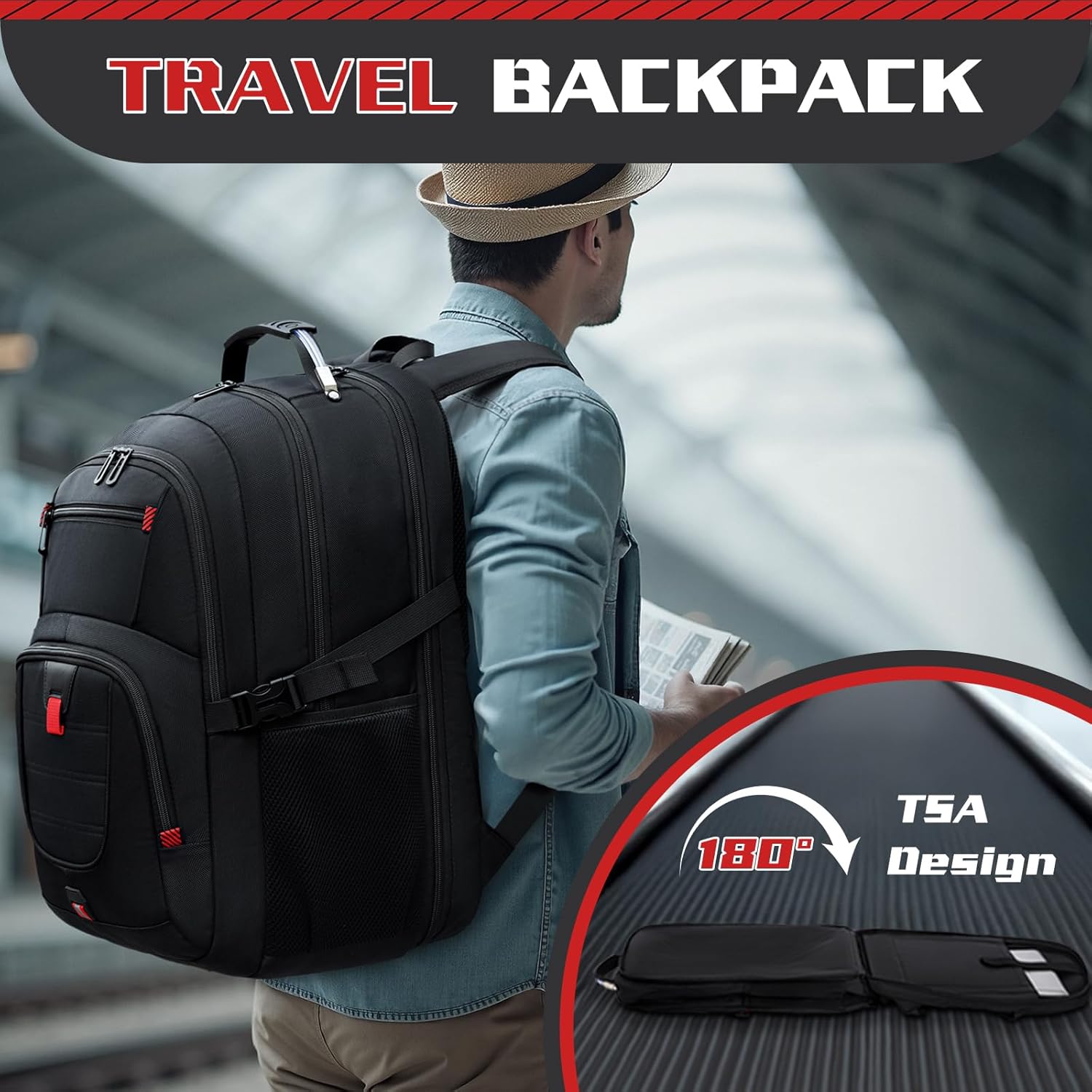 Extra Large 55L Travel Backpack, 18 inch Laptop Bag for Men, TSA Approved Heavy Duty with Charging Port, Anti Theft Rucksack for Business Work College, Black