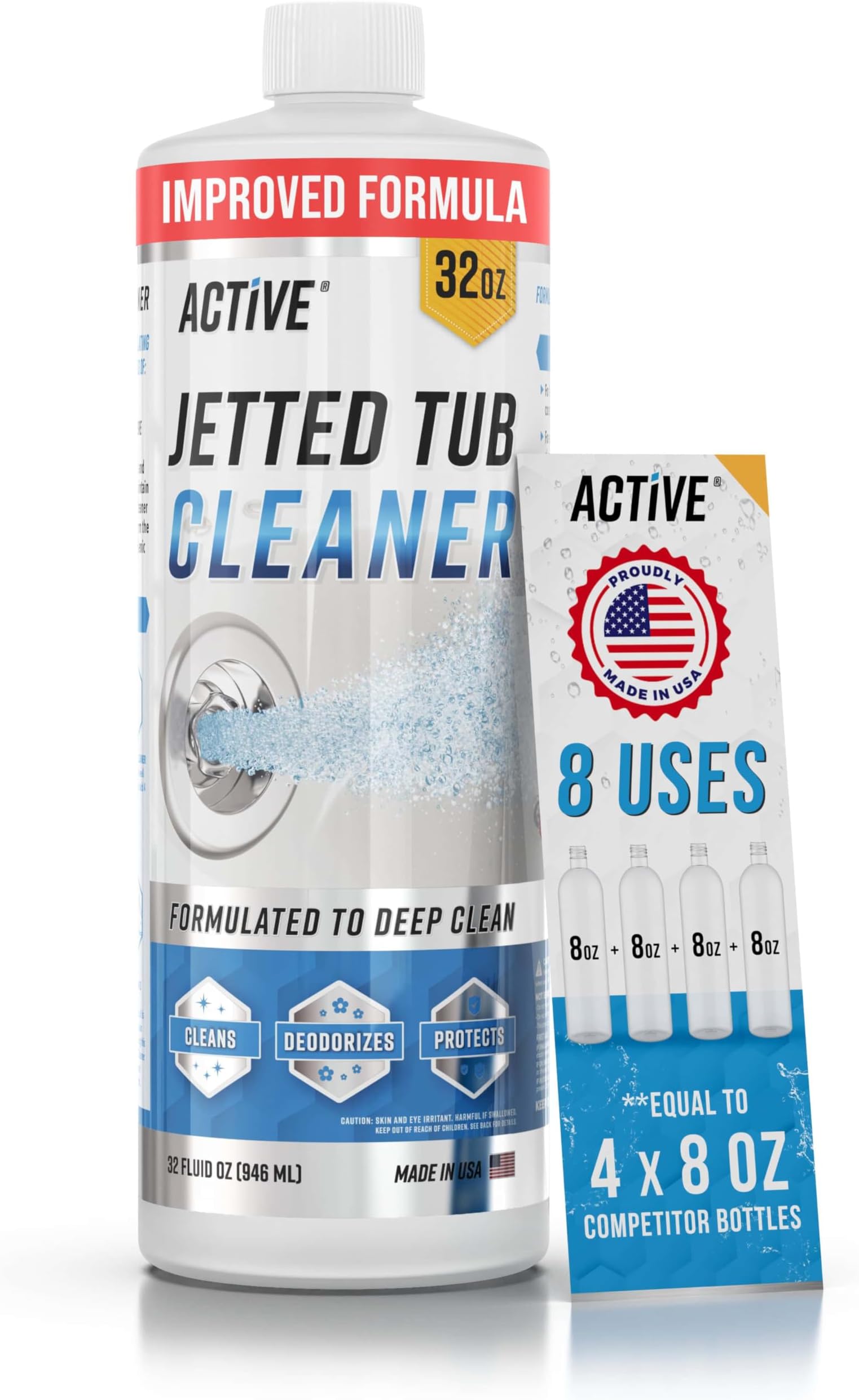 Jetted Tub Cleaner Bathtub Cleaning - 32oz (8 Uses) Bath Jet Cleaner For Whirlpool & Spa Bath System, Compatible with Jacuzzi Jets, Whirl Tubs, Professional Septic Safe Solution - Made in USA