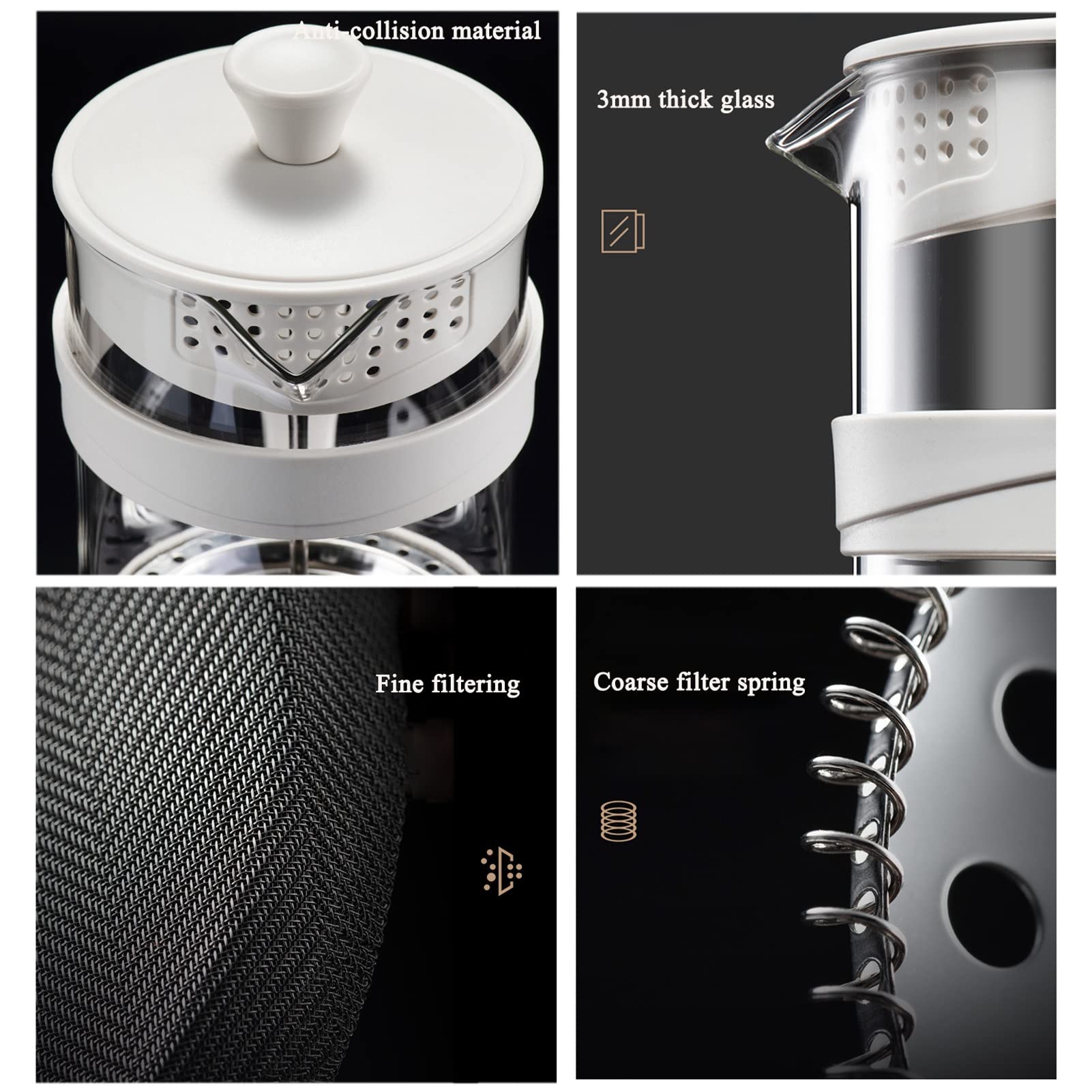 Cafetera Émbolo, Cafetera De Piston De Vidrio De Borosilicato Espesado Resistente Al Calor Con Sistema Filtración De 3 Niveles, Recipiente Extraíble Para Una Fácil Limpieza, Apta Para Camping, Prensa