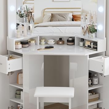 LSLIFE High Gloss Corner Dressing Table with Mirror and Stool, Corner Curved Vanity Makeup Desk with 3 Color Dimmable LED Lights 2 Drawers Bedroom Make Up Table Set for Women Girls (Hollywood Mirror)