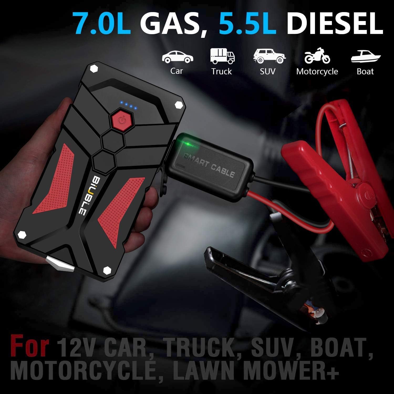 Booster Batterie Voiture 4000A, 12800mAh Démarreur de Voiture(Jusqu'à 7.0L Essence ou 5.5L Gazole), 12V Jump Starter avec Pinces de Sûreté Intelligentes, Lampe à LED, Marteau de Sécurité
