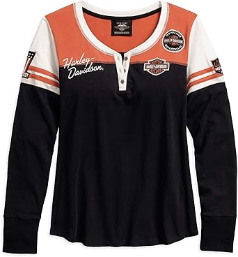 Harley-Davidson Official Women's Classic Colorblock Henley, Black (Large)