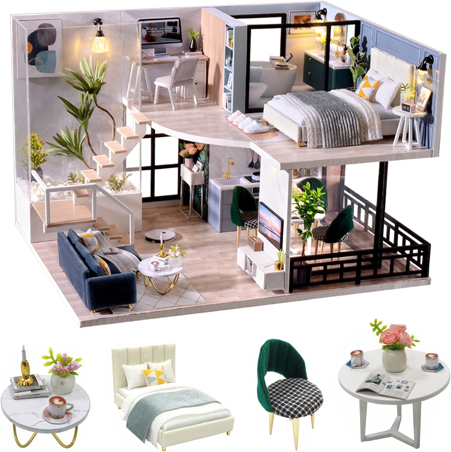 DIY Wooden Doll House Kit, DIY Miniature Dollhouse Kit with Furniture,Wooden Doll House Plus Music Movement & LED Lights, 1:24 Scale DIY House Kit Best Birthday Gifts (L032)