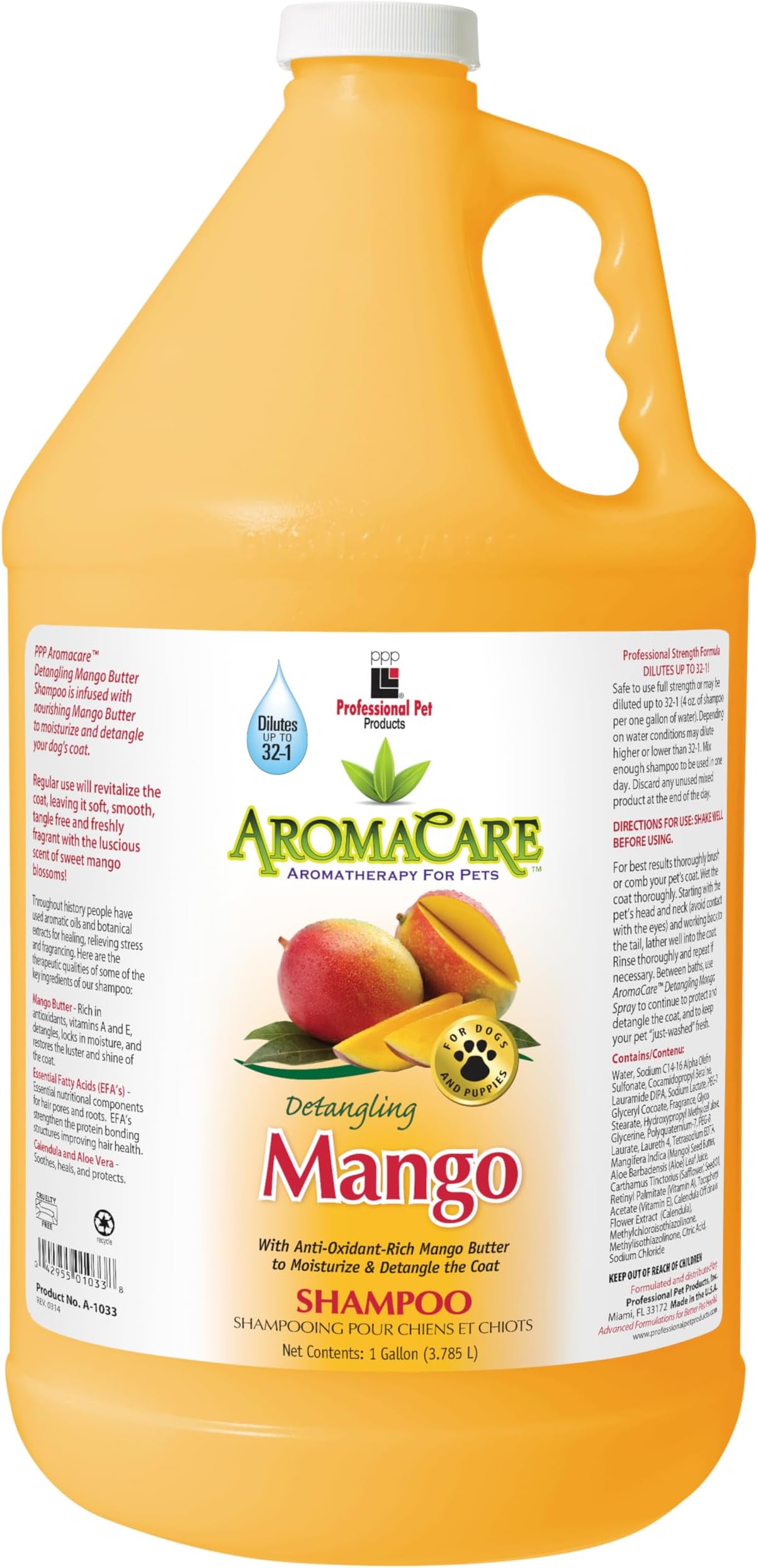 AromaCare Detangling Mango Shampoo for Dogs - Enjoy Nourishing Mango Butter That Softens and Detangles Dog Coat & Fur - 1 Gallon