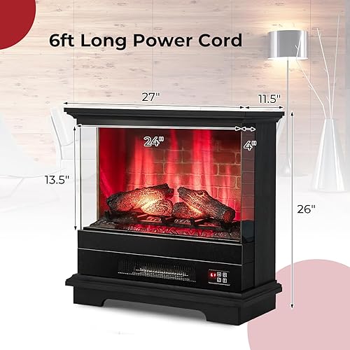 Miniatura 4 de Tangkula Calentador eléctrico de chimenea de 27 pulgadas, estufa independiente sin montaje con control remoto, vista de 3 lados, 7 efectos de llama,