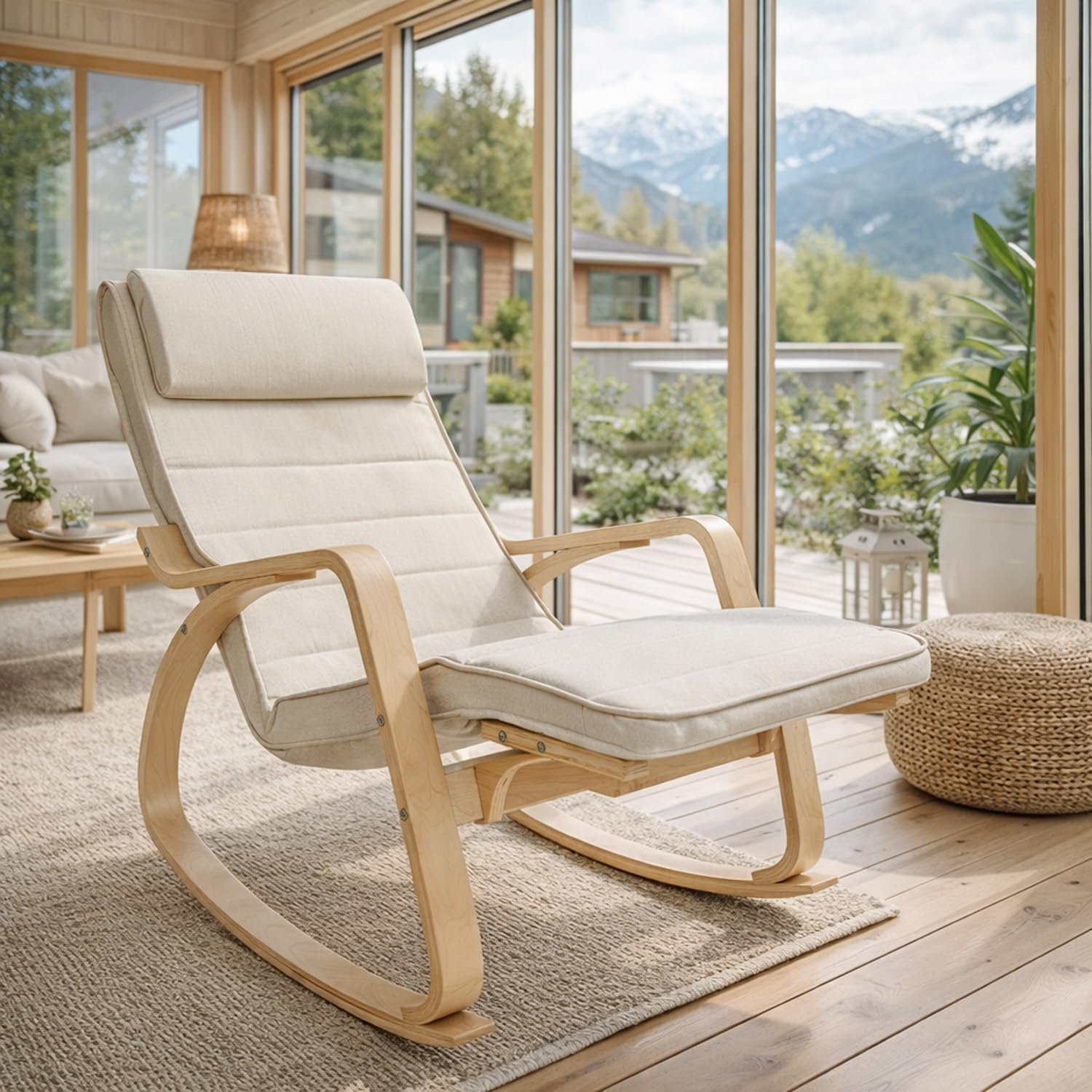 Poltrona A Dondolo Reclinabile In Legno E Metallo Con Poggiapiedi Regolabile 5 Posizioni Seduta Imbottita Sfoderabile Per Balcone Giardino Interno Esterno 121.5 x 55 x 84 Cm Beige