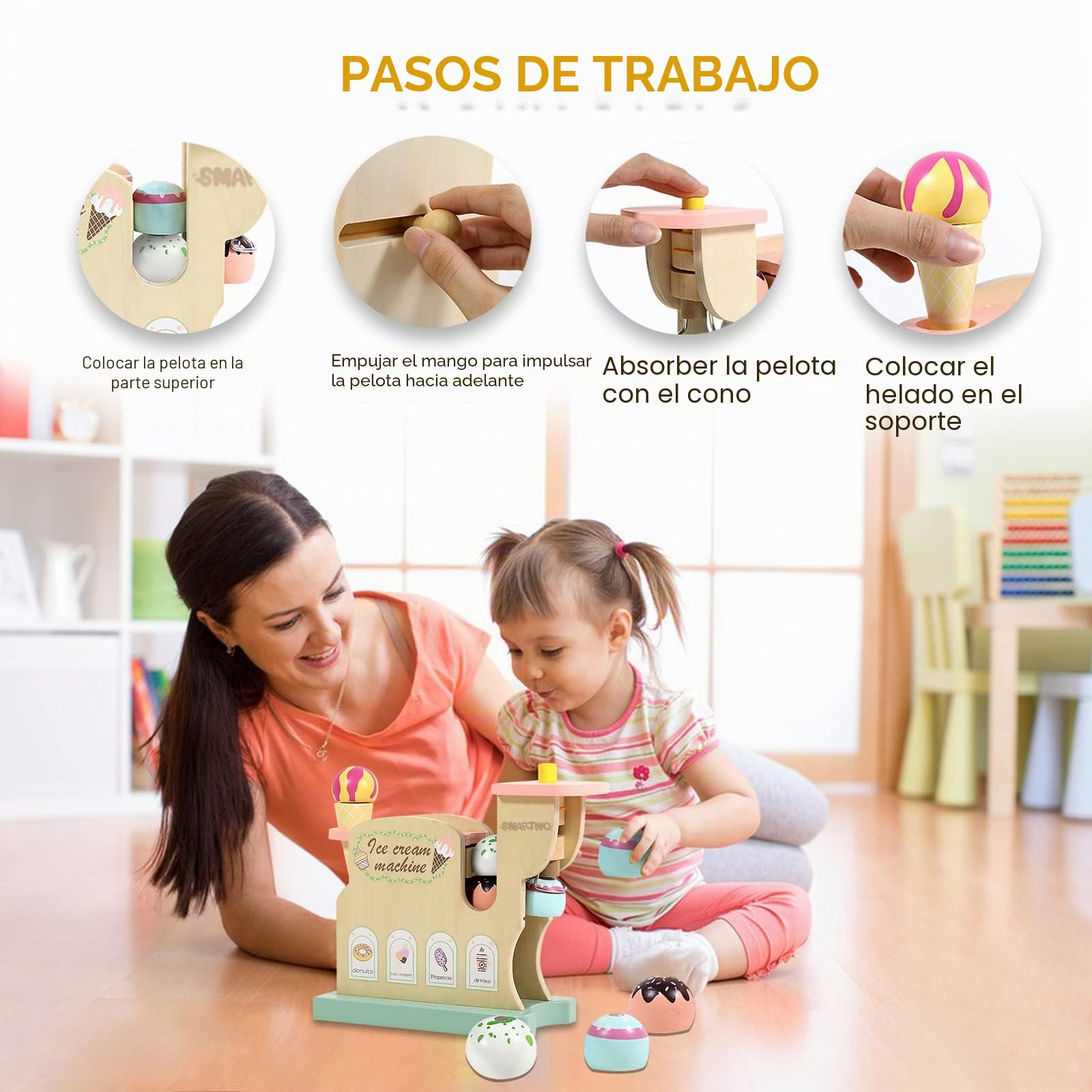 Heladero Juguete de Madera, Fingir Hacer Helado, Juguetes de Comida Helada, Accesorios de Cocina Montessori Infantiles, Regalo para Niñas Niños de 3 4 5 6 Años, Juego de Imitación Creativo