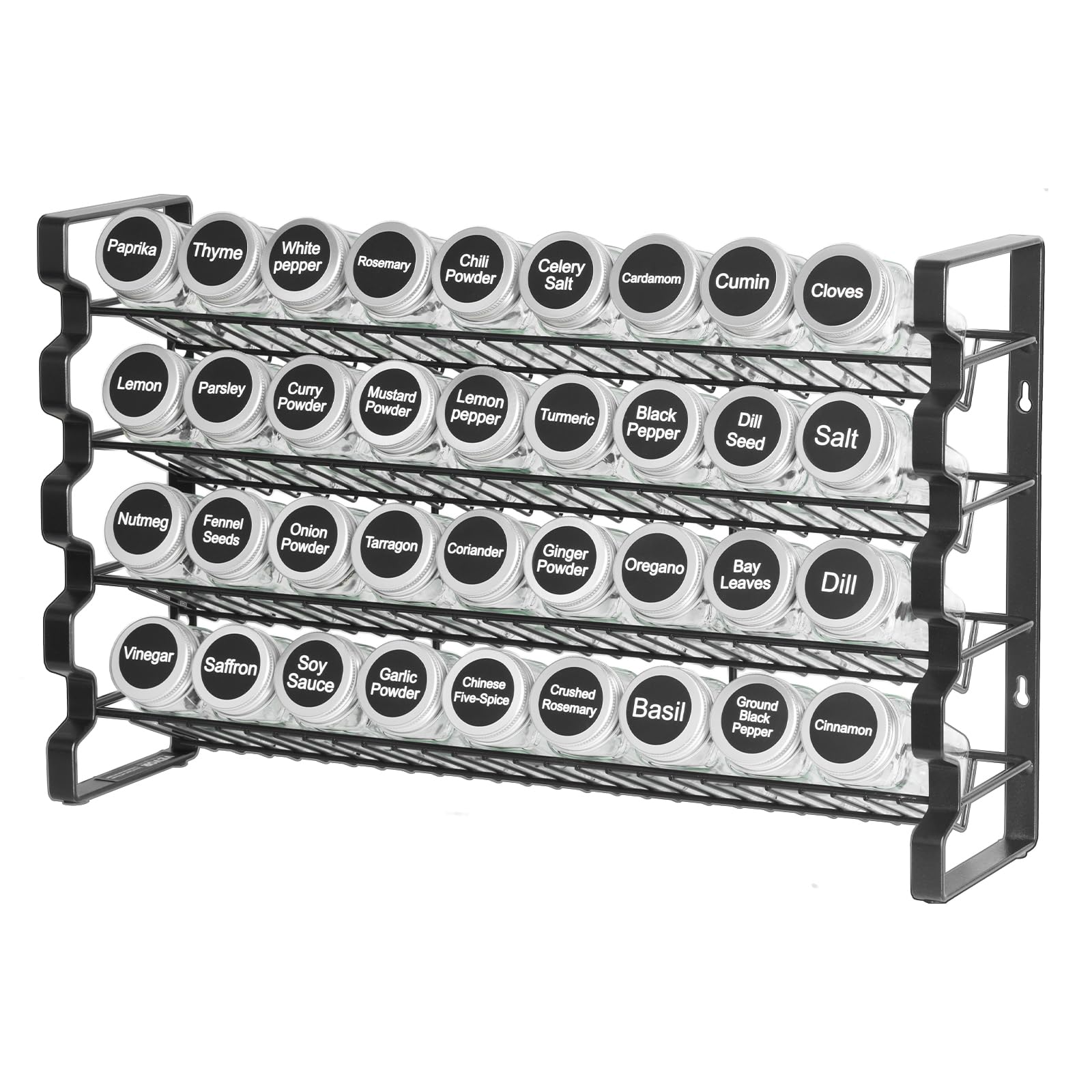 VEVOR Étagère à épices pour armoire, avec 36 pots à épices vides, couvercles, étiquettes et entonnoir, ensemble complet, organiseur d'assaisonnement pour comptoir, cuisine, garde-manger, placard, noir