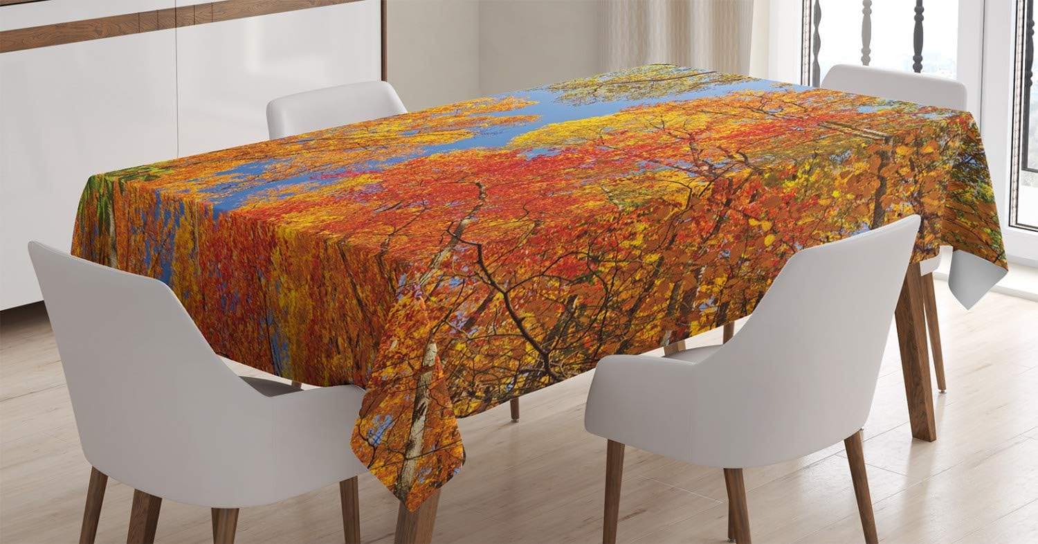Ambesonne Leaves Tablecloth, Falls Colors National Country Park Nature Observation Base Perspective Photo, Dining Room Kitchen Rectangular Table Cover, 52" X 70", Orange Green 52" X 70" Orange Green