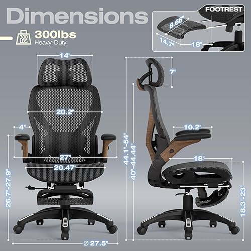 Miniatura 2 de ELABEST X100 Silla ergonómica de oficina con reposapiés, silla grande y alta para escritorio en el hogar con brazos plegables 5D, soporte lumbar
