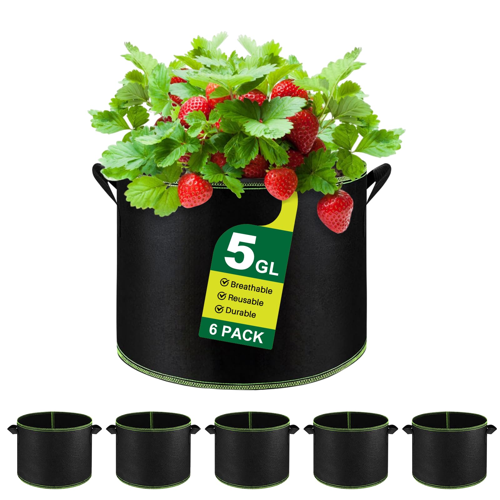 Wenya Black 5 Gallons Plant Grow Bags, 6 Pack Heavy Duty Thickened Nonwoven Fabric Flower Grow Bags With Handles For Vegetable Flowers Herbs Tomato Carrot Strawberry