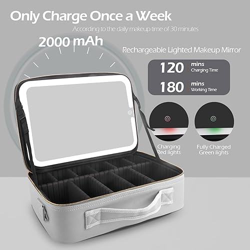 Vista 105 de MOMIRA Bolsa de maquillaje de viaje, bolsa de cosméticos, bolsa organizadora de maquillaje con espejo iluminado, brillo ajustable en 3 escenarios