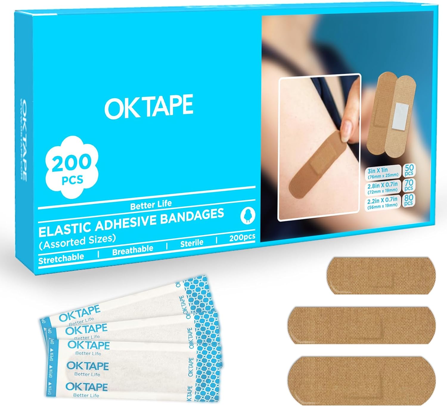 OK TAPE Fabric Adhesive Bandages, 200 Ct, Sterile, Flexible Bandages for Wounds, 3 Sizes, Latex Free, Breathable, Protection for First Aid