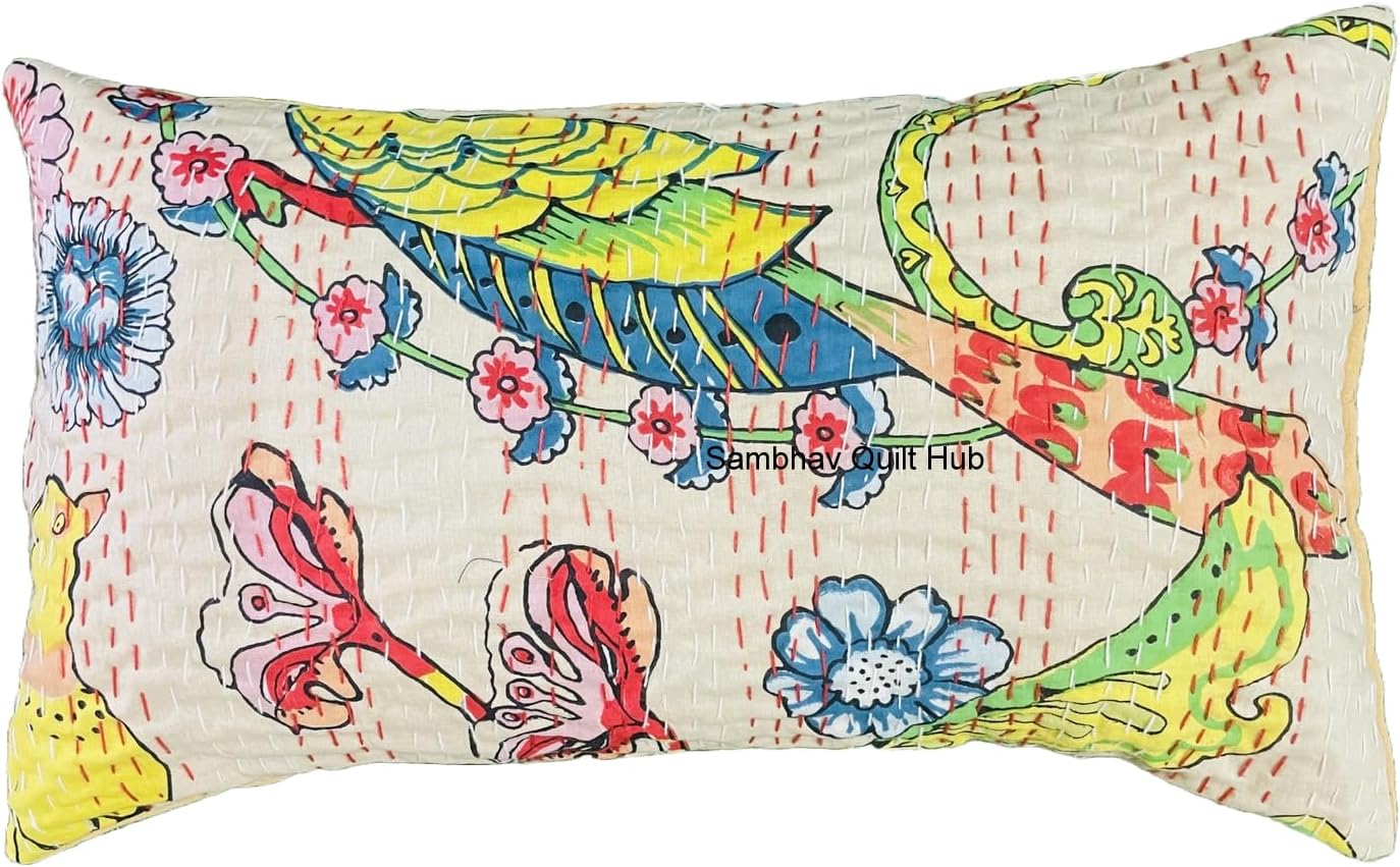 Boho Vintage Handblock Animal Print Patchwork Handmade Decorative Sofa Throw Pillow Cushion Kantha Cotton Lumbar Throw Boho Pillow Covers (18X18 inches, Beige)