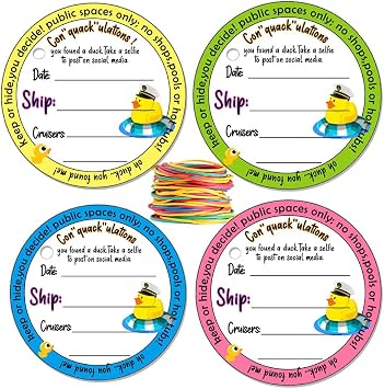 Duck Tags, Cruising Rubber Duck Ducking Game Cards, Cruise Tag, 2.5inches 35 Pack Circle Cruise Tag with Hole and 50 Rubber Bands4 Color
