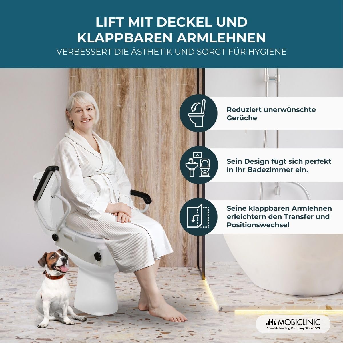 Mobiclinic®, Toilettensitzerhöhung mit Klappbaren Armlehnen, Tajo, 19 cm, mit Deckel, Höhenverstellbar (3 Stufen), Kippbar, Ideal für Senioren & Menschen mit Behinderung, Weiß