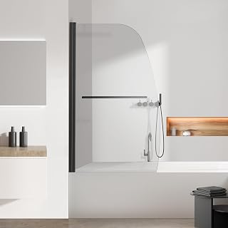 Bathtub Shower Glass Door, Frameless Tub Shower Door 34 * 58 Inch, 5/16"(8mm) Thick Clear Tempered Glass with Round Corner, Matte Black Finish
