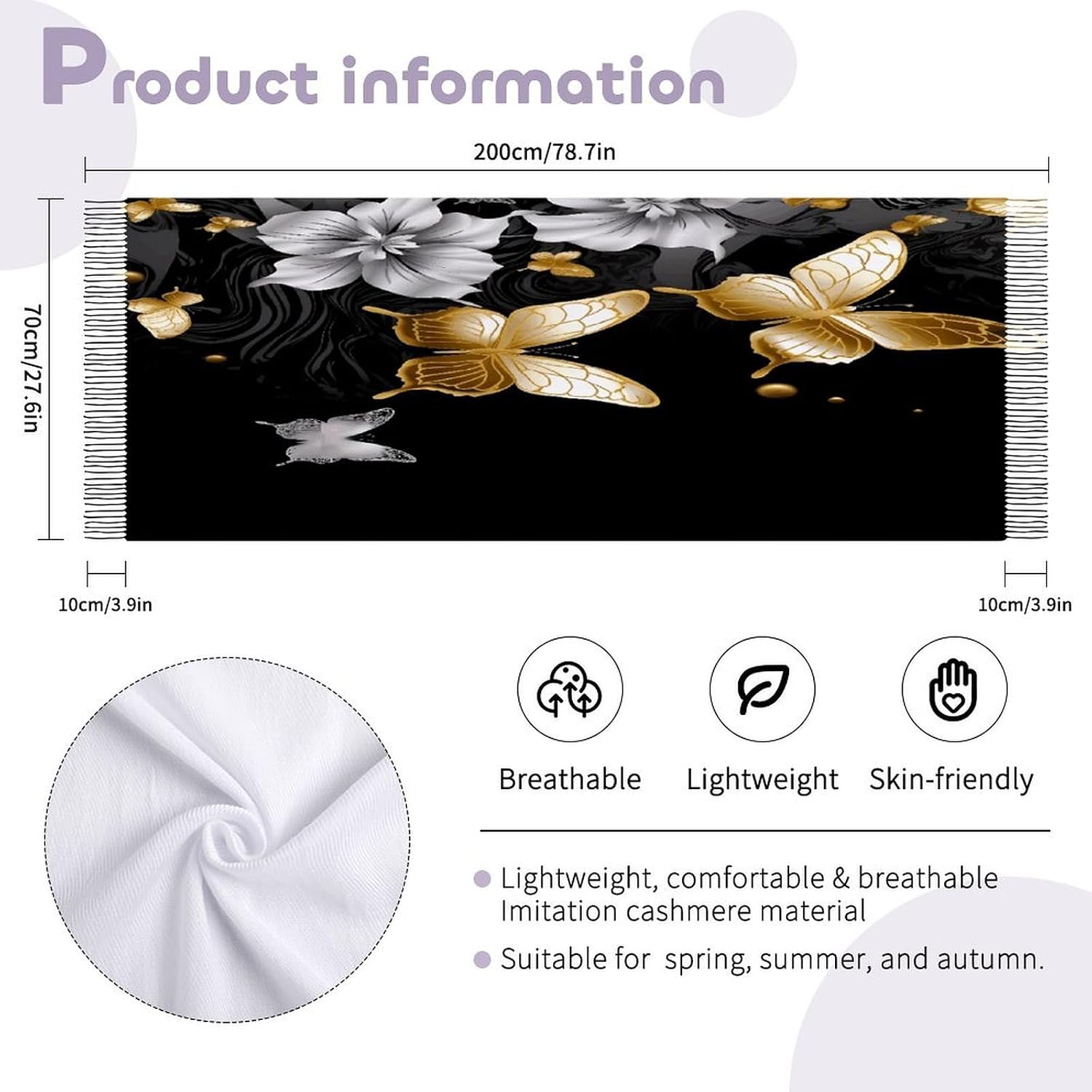 Gold White Butterflies Black Scarf for Women Men Soft Warm Fashion Blanket Scarves Classic Cashmere Feel Scarf Long Shawl Large Scarves Cold Weather Thick Blanket Scarfs