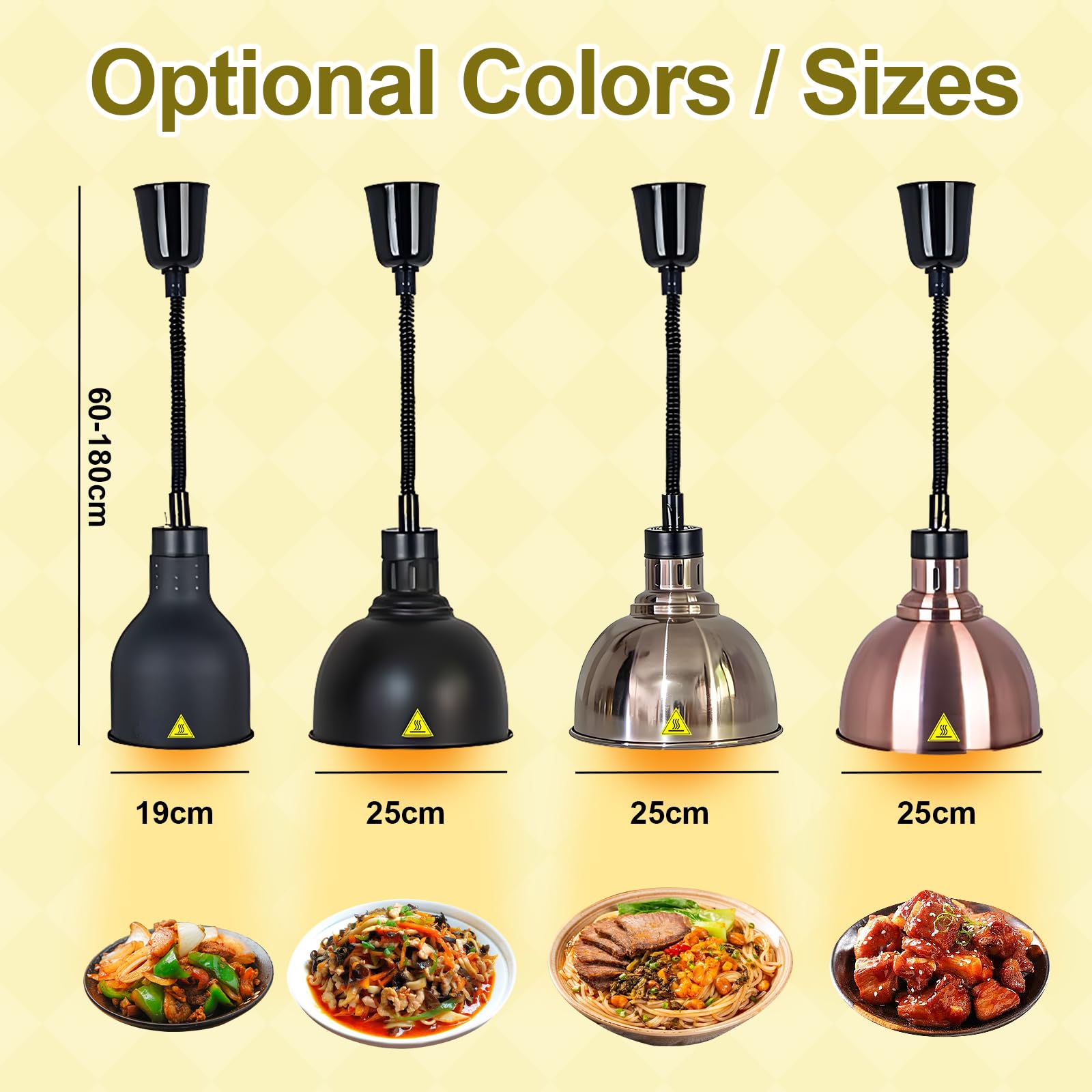Lamparas de Calor Hosteleria, Lampara Calor Cocina Extensible 60-180cm, Lampara Calienta Platos Gran Diámetro, Suspension Lampara de Calor para Alimentos Cocina, Restaurante(D-19cm, 4 Piezas)