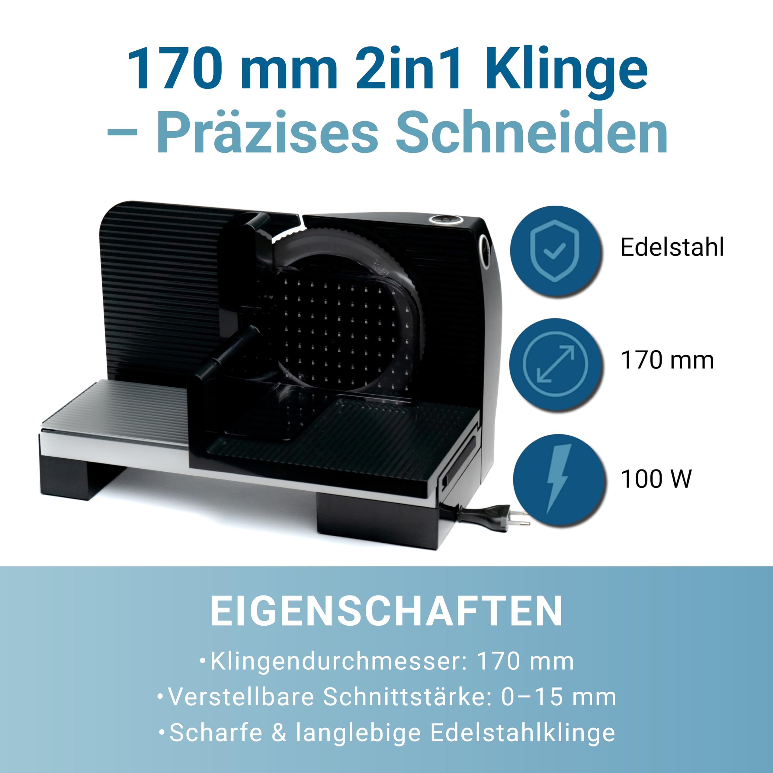 EUREL RS72 Allesschneider Elektrisch Schwarz – Brotschneidemaschine, 170 mm Edelstahlklinge, 0–15 mm Schnittstärke, EcoDrive 100 W Gleichstrommotor, Servier- & Aufbewahrungsschale